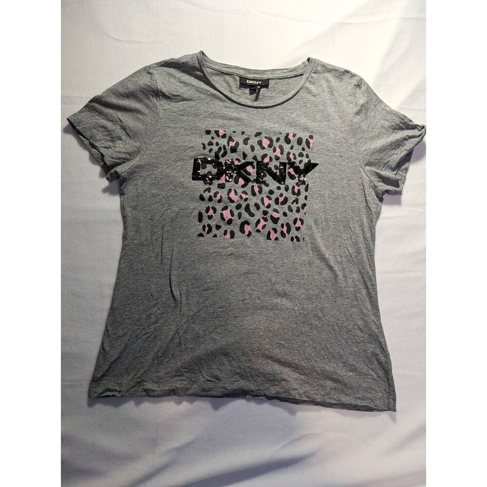 DKNY Gray Animal Print Sequin Crew Neck Short Sleeve T-Shirt Women’s M
